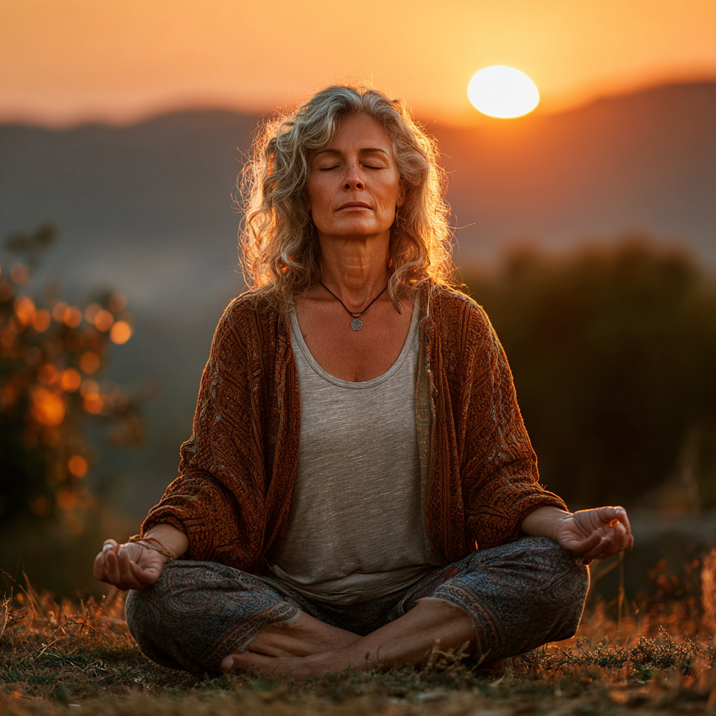 Жінка 55 років у спокійній позі лотоса під час ранкової практики йоги на природі