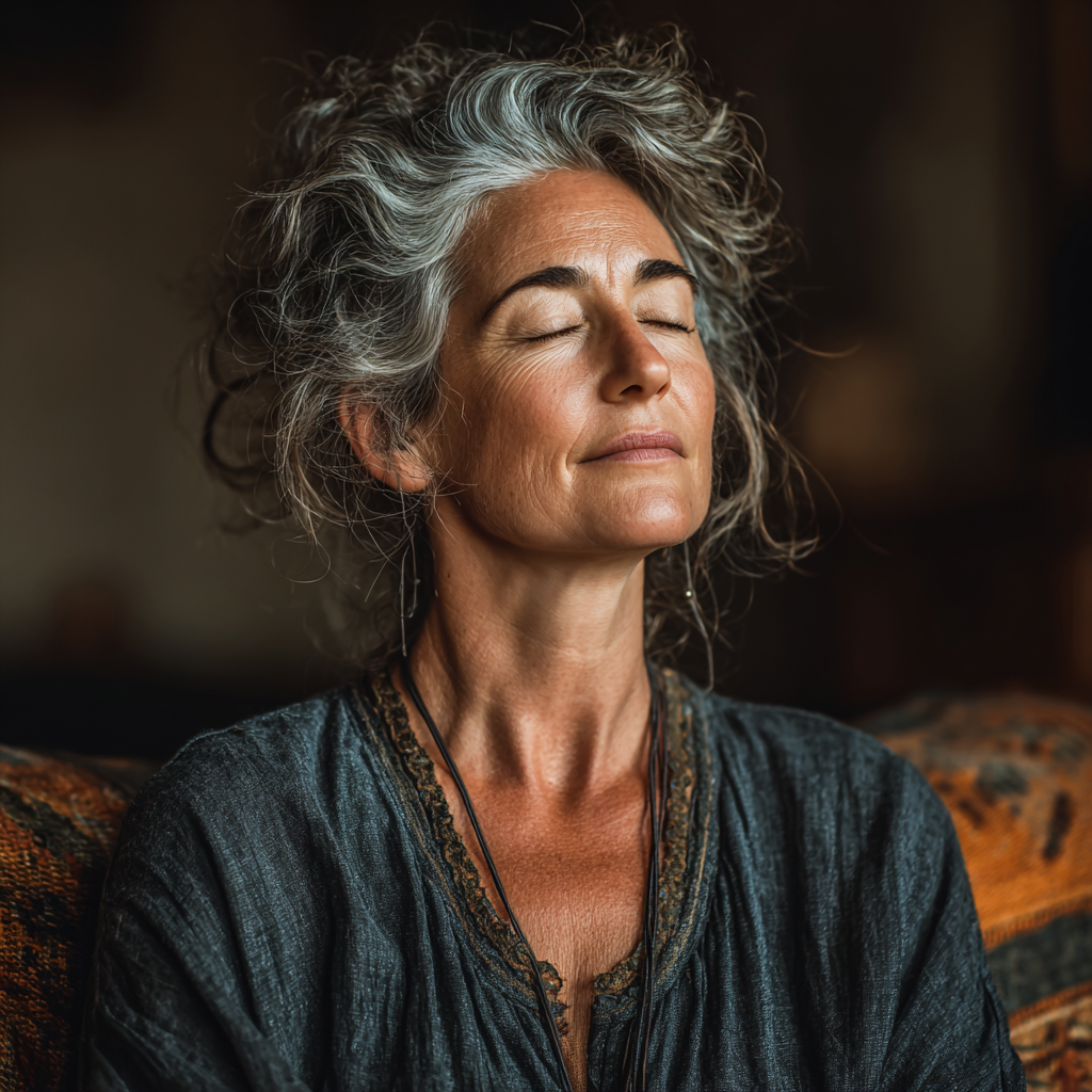 Жінка 58 років сидить у медитативній позі з заплющеними очима, практикуючи глибокі дихальні вправи