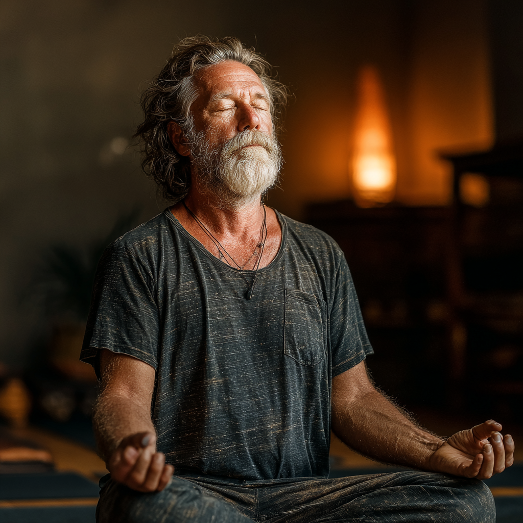 Чоловік близько 60 років виконує дихальні вправи у медитативній позі у затишній йога-студії
