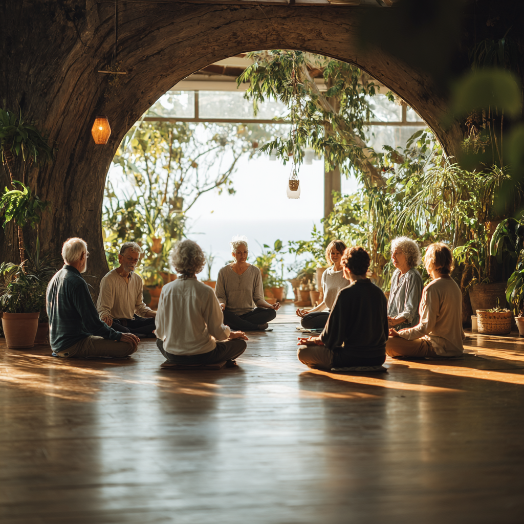 Група людей віком 50-60 років сидять у колі на медитації у світлій кімнаті з рослинами